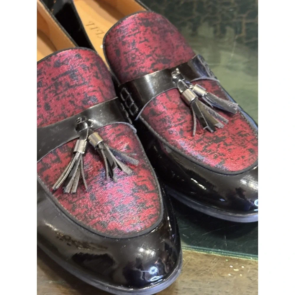 Jitai Mens 9 Black Red Shiny Faux Patent Leather Slide On Tassel Loafer Shoes